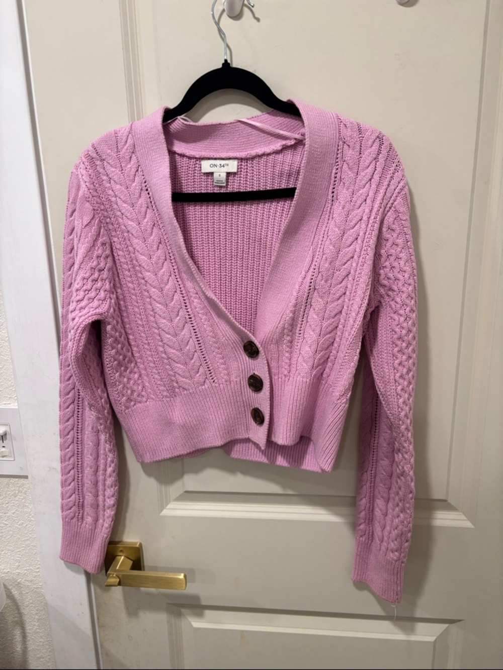 ON-SAY Cropped Pink Cable-Knit Button Cardigan